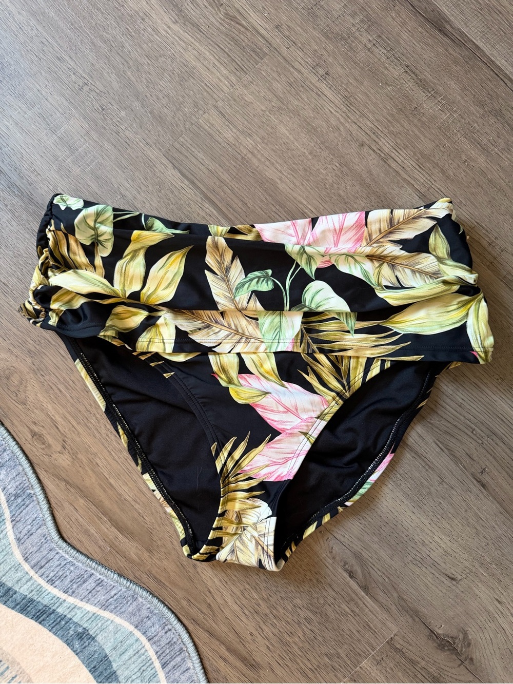 Lands' End Black High-Waist Bikini Bottom with Tropical Leaf Accents